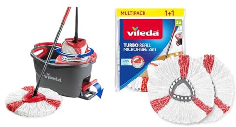 Vileda Easy Wring & Clean Turbo Balai à Frange Seau à Pédale Set Complet, 2,1kg 1 Unité (Lot de 1) Gris/Rouge & Recharge Turbo 2en1, Microfibres Rouges et Blanches - Sachet Contenant 2 recharges