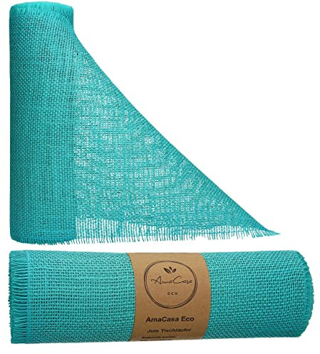 AmaCasa Eco Jute Tischläufer 30cm breit, 10m Rolle | gestärkte Jute mit kompostierbarem Etikett | Tischband Rustikal für Tischdeko Hochzeit, Kommunion und Taufe (Türkis, 30cm x 10m)
