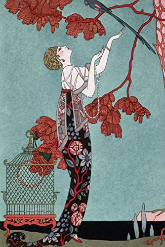 Feeling at home KUNSTDRUCK auf MATTE PAPIER 220gr Mode-Illustration 1914 Barbier Georges - Tiere vertikale Poster Birdcages Vögel Mode Figure Bild auf Papier cm_91_X_60