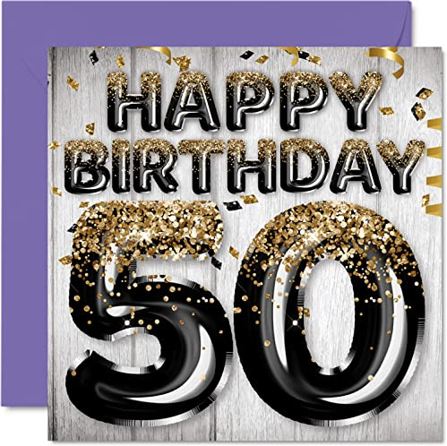Stuff4 Geburtstagskarte zum 50. Geburtstag für Männer, Opa Onkel | Schwarze und goldene Glitzerballons, Happy Karten für 50 Jahre alten Mann Papa Opa Onkel