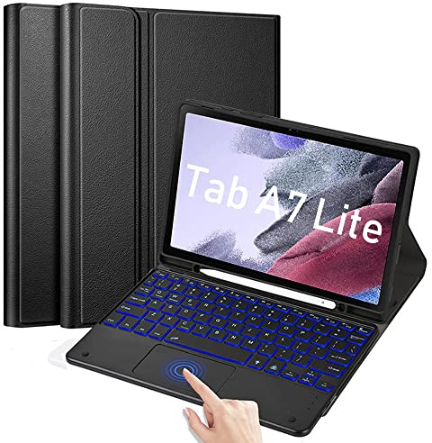 QYiiD Backlit Touchpad Keyboard Case for Galaxy Tab A7 Lite 8.7 2021 (SM-T220/T225), PU Leather Stand Cover with Magnetically Detachable Bluetooth Keyboard for Galaxy Tab A7 Lite 8.7 Inch,Black