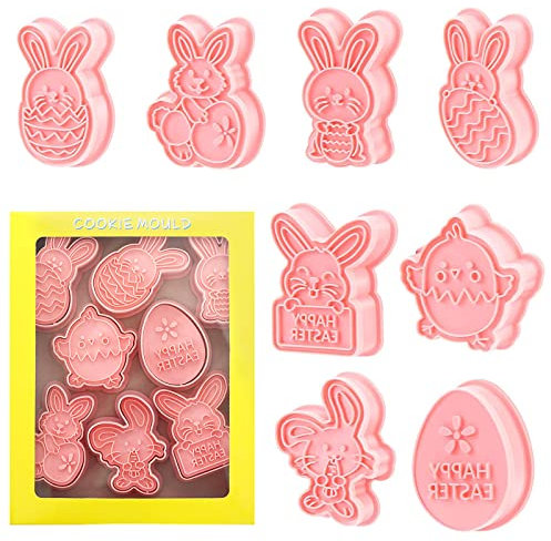 TONAUP Easter Cookie Cutters Set, 8 Pieces 3D Plastic Stamp Molds Eggs, Bunny, Butterfly, Flower, Sheep, Carrot Biscuit Cutters for Party Supplies Decorations