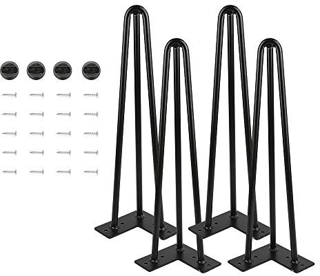 HUOLE Pieds de Table Basse en Épingle à Cheveux 3 Tiges, Pieds de Meuble en Métal Noir Remplacement Pieds pour Table Chaise Meuble Meuble Scandinave 4pcs Pieds Epingle DIY Pieds (41cm (12mm))