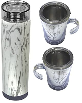 2 Person Flask and Mugs; Dual Flask Hamper Bottle with 1L Insulated Flask and 2 Travel Mugs, Camping Coffee Cup - Perfect Flask Picnic Hamper for Outdoors (White Marble)
