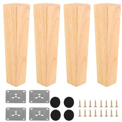 Pieds de Meuble Massifs en Bois - 4 Pièces, 15cm, Carrés, avec Plaques de Montage et Patins en Feutre pour Canapé