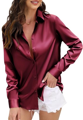 CUNLIN Women Leopard Print Long Sleeve Silky Soft Satin Button Down Shirt