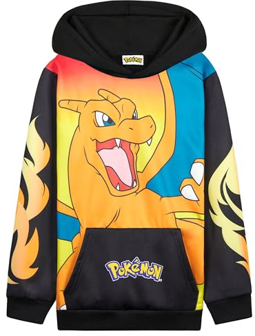 Pokemon Hoodie for Boys Teens, Hooded Sweatshirt, Pikachu Eevee Pullover Casual Sports, Long Sleeve Jumper, Anime Gifts for Boys (7-8 Years, Black/Orange Charizard)