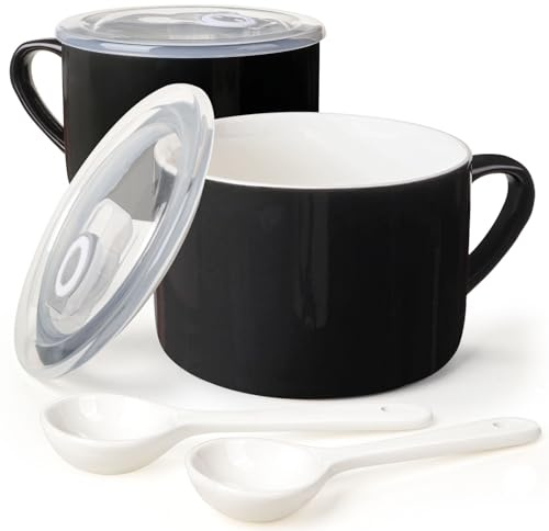 Wareland Soup Bowls with Handles & Spoons, 30oz Ceramic Ramen Bowl with Lid, Large Soup Mugs/Cups for Instant Noodle, Big Cereal Bowls for Oatmeal, Soup Containers with Lids, Set of 2, Black
