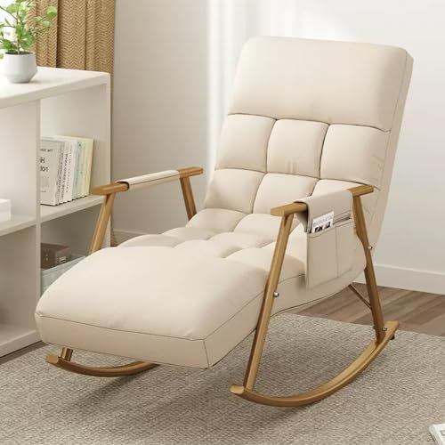Modern Gepolstert Schlafzimmer Rocking Chair, Komfortabel Wohnzimmer Armlehnen Schaukelstuhl, Atmungsaktiv relaxsessel mit Seitentaschen, Verstellbare Höhe der Rückenlehne und Fußstütze ( Color : Beig