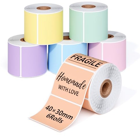 Phomemo M110 Thermo-Etiketten Farbig - Multifunktionale selbstklebende Etiketten, 6 Rollen 40x30mm farbige Etiketten, 230 Etiketten/Rolle, 6 Rollen insgesamt