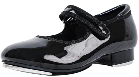 flexdans Scarpe da Tip Tap per Ragazze e Ragazzi, Tap Scarpe da Danza Classica Mary Jane in Chiusura a Gancio e ad Anello in Vernice per Bambini F002 Black 29