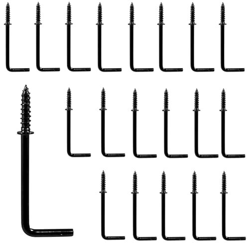 Auvotuis 20 ganci a vite a L da 5 cm, in metallo a forma di L, ganci quadrati curvi, ganci neri ad angolo retto a L per appendere