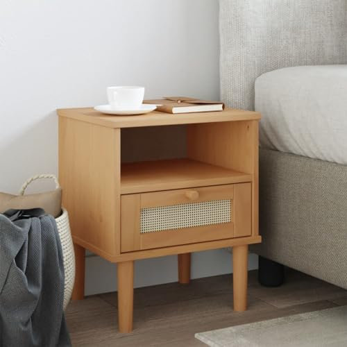 THOYTOUI Nachttisch, Kommode Couchtisch Beistellschrank Nachtkommode Geeignet für Schlafzimmer Wohnung Büro Wohnstube Rattan-Look Braun 40 x 35 x 48cm Massivholz Kiefer