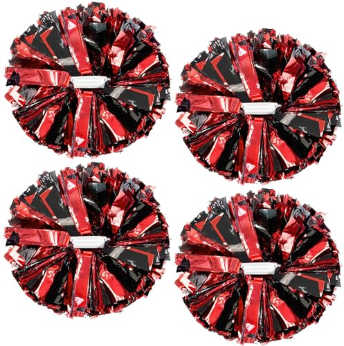 ZONITOK Cheerleader-Pompons mit Taktstockgriff, Cheerleader-Pompons für Kinder, Erwachsene, Schule, Tanz, Sport, Teamgeist, Cheerleader-Pompons (Schwarz/Rot), 4 Stück