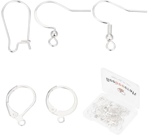 Beebeecraft 5 Styles 50Pcs French Earring Hooks 925 Sterling Silver Plated | Brass Earring Making Kit Leverback French Fish Round Huggies Kidney Ear Wire Findings for Jewellery Making Supplies