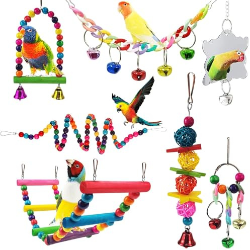 Vueinrg 7 Piezas Juguetes Agapornis Juguete para Pájaros de Madera Juguetes para Loros Uguete de Masticación Columpios con Campanas para Pequeños y Medianos Periquitos Agapornis Cockatiels Cacatúas