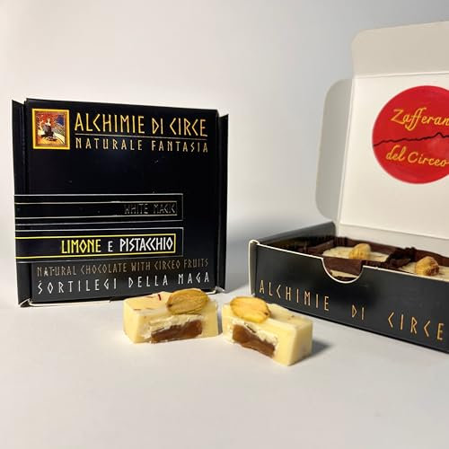 Generic Alchimie di Circe - 20 Cioccolatini Bianchi Zafferano, Pistacchio e Limone - Delizie Gourmet con Frutta Biologica - Cioccolato Artigianale in Elegante Confezione Regalo -