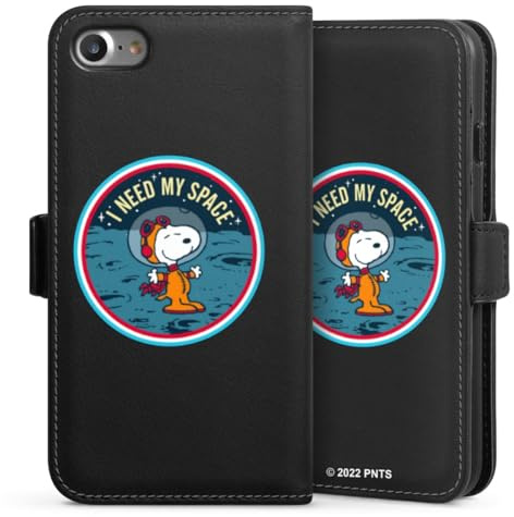 Klapphülle kompatibel mit Apple iPhone 8 Handyhülle aus Kunst Leder schwarz Flip Case Peanuts Snoopy Weltall