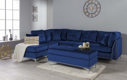 Sleep Factory - Amaro 5 Seater L Shaped Sofa with Ottoman - Comfy Velvet Upholstery, Universal Corner Sofa with Storage Box Footstool - Removable Couch Cushions - Blue