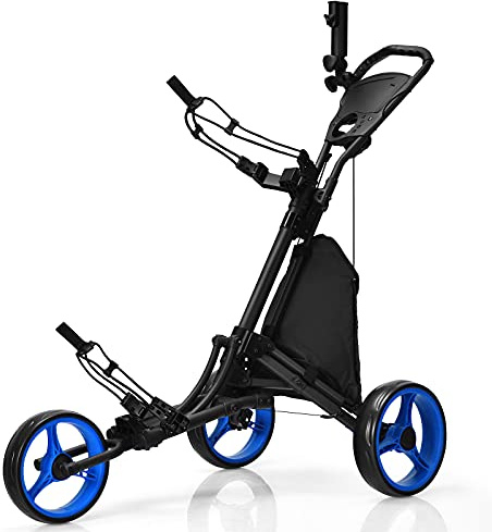 LIFEZEAL Faltbar Golftrolley, 3 Rad Golf Push Cart mit Fußbremse, Golfwagen mit 3 höhenverstellbare Positionen, Golfcaddy klappbar mit Schirmhalter, Flaschenhalter & Tasche (Blau)