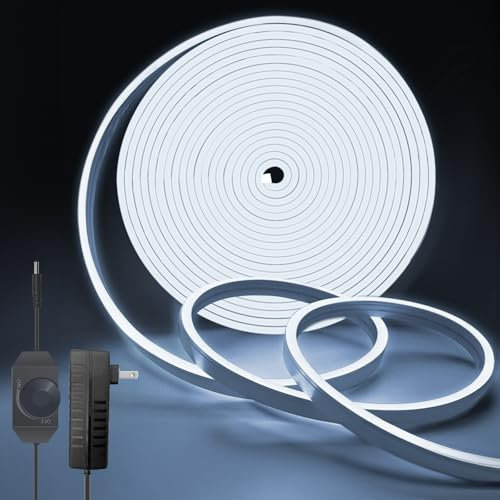 MMEEVT LED Strip Lights 10M, Dimmable White Neon Led Strip Lights, 24V Cuttable Flexible 6000K Neon Light Strip with Power Adapter, Outdoor neon Lights Waterproof IP67 for DIY Home Decoration