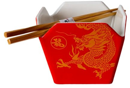 Urban Tokyo Porzellanschale im chinesischen Takeout-Box-Stil mit Essstäbchen, orientalisches goldenes Drachen-Design auf roter quadratischer Schale, 532 ml, mittelgroß, rot/goldfarben, BCH54-175