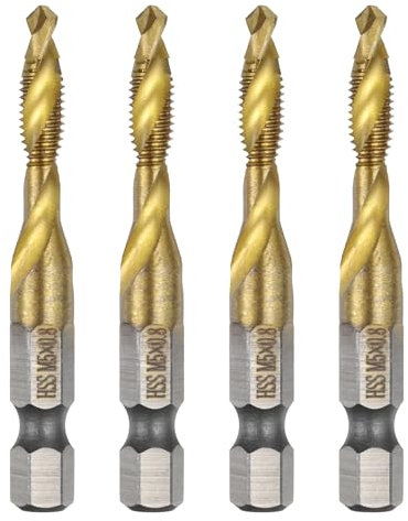 sourcing map 4pcs Combination Drill and Tap Bits Metric M5 x 0.8 Thread 1/4 Hex Shank Titanium Coated Threading Screw Taps 4341 High Speed Steel Machine Drilling Tapping Tool Kit