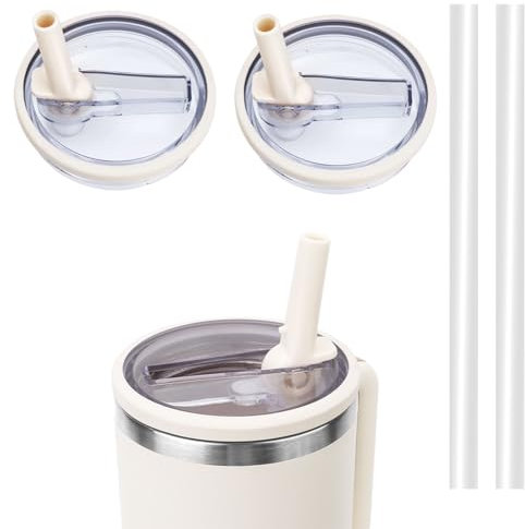 WALLFID 2 pièces de couvercles à paille flip étanches pour tumbler 40 oz,avec 2 pailles,étanches et anti-poussière,faciles à nettoyer et réutilisables,accessoires pour tasse (Blanc Crème)
