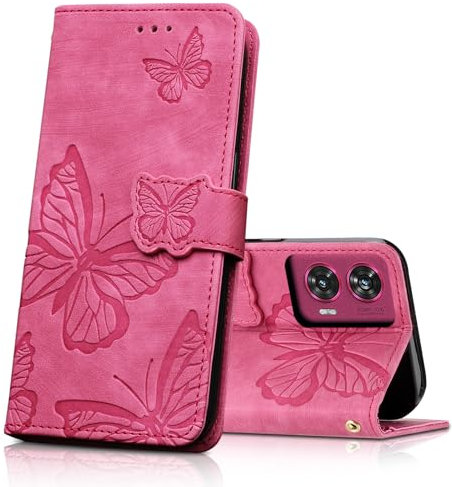 CXTCASE Funda para Motorola Edge 50 Fusion, Funda Tapa Libro Movil Carcasa PU Cuero para Motorola Edge 50 Fusion, Rosa Roja