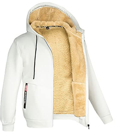 Duohropke Felpa invernale da uomo con cappuccio, in pile, con cappuccio, con chiusura lampo, con cappuccio, foderata in peluche, bianco, L