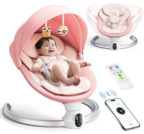 Helangel Altalena per neonati, dondolo elettrico per bambini con app e telecomando, imbracatura a 5 punti aggiornata, 10 musiche Bluetooth e 5 velocità, resiste a 9 kg