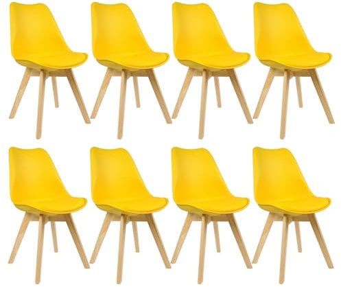 WOLTU Esszimmerstühle 8er Set, Skandinavische Küchenstühle Retro Design, Sitzfläche aus Kunstleder, mit Massivholz Beinen, bis 150 kg belastbar, Gelb