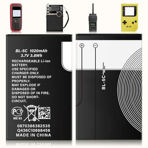BL - 5C Ersatzakku 1020mAh Li - Ion: Kompatibel mit Nokia 1100, 1600, 2310, 3100 u.v.m., sowie DIGITRADIO 1/2, TECHNIRADIO 6/RDR - Wiederaufladbarer Akku für Haushaltsradio