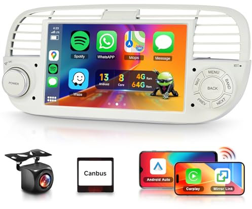 4G+64G for Fiat 500 2007-2015 Car Radio Stereo with 5GWifi DSP Wireless Carplay Android Auto, Hodozzy 7 1280P Touchscreen Radio Bluetooth 5.0 GPS FM/RDS Splitscreen Canbus SWC AHD Reverse Camera
