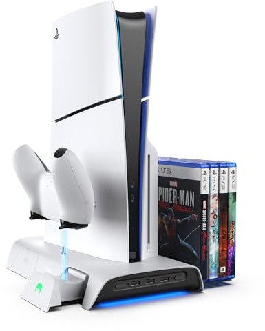 KIWI design D3 PS5 Slim Kühlstand und Ladestation mit RGB-Controller für PS5 Slim Konsole, PS5 Controller Ladegerät, PS5 Slim Zubehör mit 2 Stufigem Kühlventilator