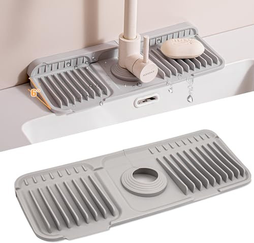 Volminex 6° Slope Kitchen Sink Splash Guard Mat, Silicone Faucet Mat Foldable, Faucet Handle Drip Catcher Tray, Draining Pad Around Tap for Kitchen Bathroom (Grey, 37 x 14 cm)