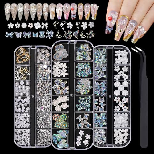 3D Nail Charms, VEGCOO 3 Boxes Nail Art Gems Crystals Rhinestones Pearls Charms Nail Stuff with Tweezers, Flowers Bows Aurora Bear Butterfly Nail Art Charms for DIY Manicure Nail Art Decoration Design