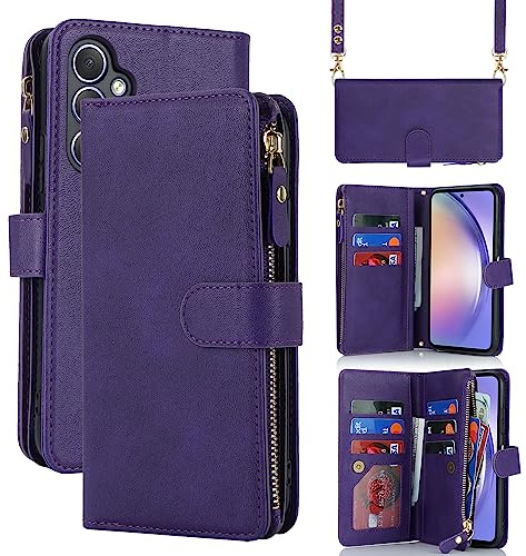 CAVOR Handykette Handyhülle Kompatibel mit Samsung Galaxy A54 5G Hülle Mit Band,Flip Leder Geldbörse Handyhülle,[9 Kartenfach][Mit Kette],Handytasche zum umhängen - Violett