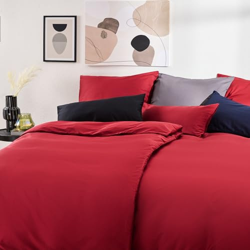 Blumtal Mako Satin Bettwäsche 155x220 Set & 2X 40x80 cm Kissenbezug Rot - Oeko Tex Zertifizierte Satin Bettwäsche aus 100% Baumwolle - edler Bettbezug Glanzoptik 155x220 Satin mit Reißverschluss