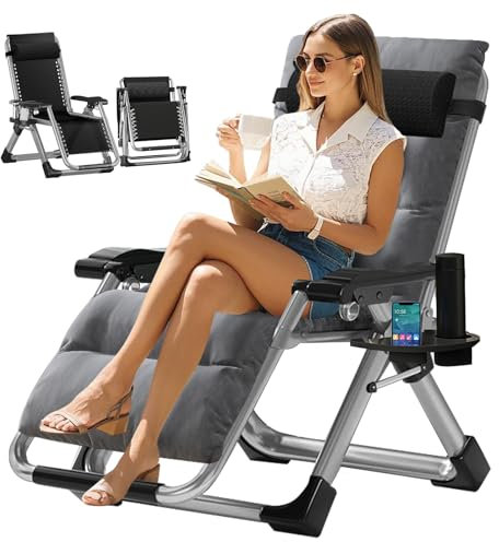 Obqer Folding Zero Gravity Chair, 440LBS Heavy Duty Sun Lounger, Adjustable Garden Recliner with Cushion and Side Holder, Extra Wide, No Assembly Required, Sun Loungers for Garden Terrace Beach Pool