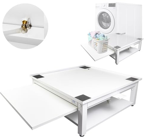 Washer and Dryer Pedestal with Pullout-Shelf - 24 W, 10 H, White Steel Universal Fit with Major Brands | Laundry Pedestal with Drain Pan & Hose | Washer Stand for Back Pain Relief, 800 lbs Capacity