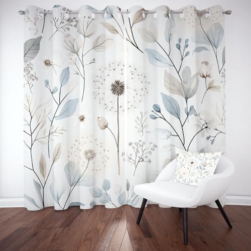 Meugesoi Löwenzahn Pflanzen Blätter Blickdichte Vorhang mit Ösen, Rustikal Pusteblume Verdunkelungsvorhang Ösenvorhang Wohnzimmer Thermogardine Hitzeschutz Sonnenschutz 2er Set H225 x B140 cm