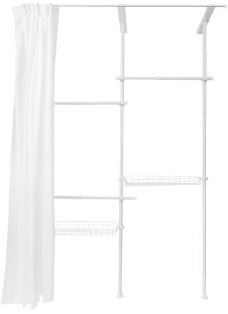 Dettchan Weiß Kohlenstoffstahl Offener Schrank, Verstellbarer Kleiderständer mit Vorhang und 3 horizontalen Kleiderstangen und 2 Maschennetzkörben, für Wohnzimmer, Balkone, Begehbare Kleiderschränke