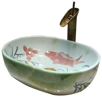 JUNCHENG1008 Lavabo de encimera Lavabo de cerámica Simple Pintado a Mano, Fregadero con diseño de Loto artístico, Lavabo de encimera Antiguo for el hogar, Lavabo Ovalado Lavabo sobremueble