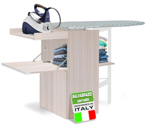 Shally Dogan Mobile Asse da Stiro a Scomparsa Salvaspazio Richiudibile, Mobiletto Pieghevole Telaio in Legno per Stiratura Veloce, 4 Ruote per Spostamento, Ideale Lavanderia, Bagno (Tortora)