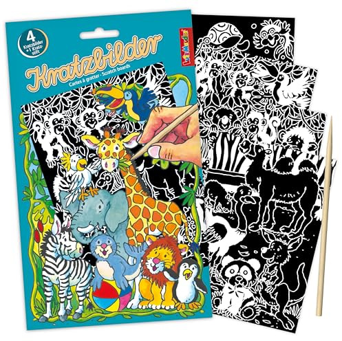 Lutz Mauder Kratzbilder – Kreatives Mal- und Bastelset für Kinder – 4 Motive Wildtiere -Safari-Dschungel - Magische Effekte – DIY Kratzpapier - Holzstift – Kratzblock - Geschenk Mädchen und Jungen