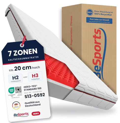 Hero 7-Zonen ergonomische Matratze 160x200 H3/H4 zwei Härtegrade wendbar | Kaltschaummatratze 160x200, 20 cm hoch, Airflex-Hybridschaum mit 800+ Kontaktpunkten, waschbar bei 60°