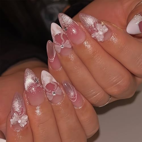 Auroriel 24 Stück Mittellange Mandel Form Press On Nägel Glitzer Rosa Mit Schleifen Charme Design Rosa Acryl Weißer French Tip Glänzende Vollflächige Selbstklebende Kunstnägel