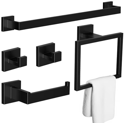 BREEZENEST 5-Piece Bathroom Accessories Set – Matte Black 304 Stainless Steel Towel Rack, Toilet Paper Holder, Towel Ring & Hooks – Waterproof, Rustproof, Easy Install
