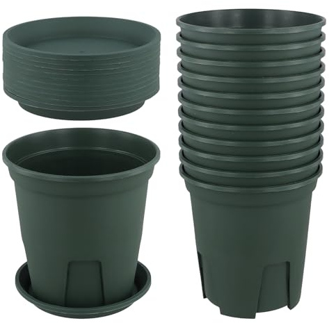 LEXININ 12 Pcs 15cm Green Plastic Plant Pots, 6 Inch Flower Pot Root with Saucer for Indoor Outdoor Bonsai Plants